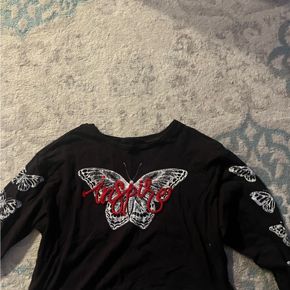 Black Long Sleeve Tee with Butterfly Design